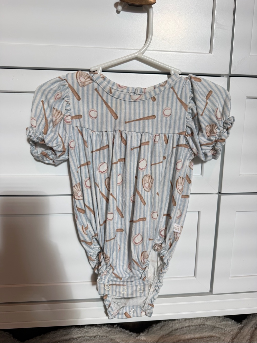 Hammer Hill Baseball Print Puff Sleeve Bubble Light Blue & Tan